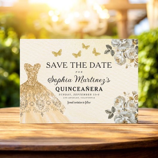 Floral Gold Bewaar de datum Verjaardag Quinceanera Save The Date