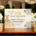 Floral Gold Bewaar de datum Verjaardag Quinceanera Save The Date<br><div class="desc">Kondig uw speciale dag aan met de Floral Gold Save the Date Quinceañera-kaart. Dit elegante ontwerp heeft luxe gouden bloemaccenten die sophisticatie en charme uitstralen. Perfect voor het instellen van de toon voor uw aankomende quinceañera, deze save the date combineert een vleugje koninklijke schoonheid met tijdloze elegantie. De delicate gouden...</div>