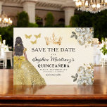 Floral Gold Bewaar de datum Verjaardag Quinceanera Save The Date<br><div class="desc">Kondig uw speciale dag aan met de Floral Gold Save the Date Quinceañera-kaart. Dit elegante ontwerp heeft luxe gouden bloemaccenten die sophisticatie en charme uitstralen. Perfect voor het instellen van de toon voor uw aankomende quinceañera, deze save the date combineert een vleugje koninklijke schoonheid met tijdloze elegantie. De delicate gouden...</div>