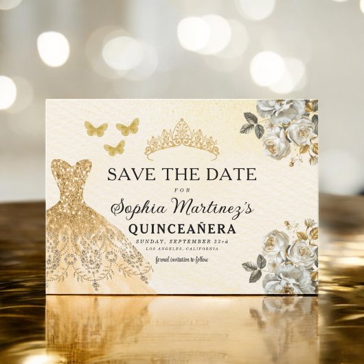 Floral Gold Bewaar de datum Verjaardag Quinceanera Save The Date