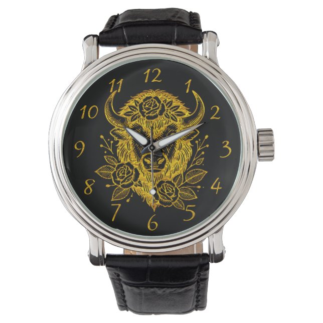 Floral Gold Bison Head Decor Horloge (Voorkant)