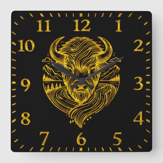 Floral Gold Bison Head Decor Vierkante Klok (Voorkant)