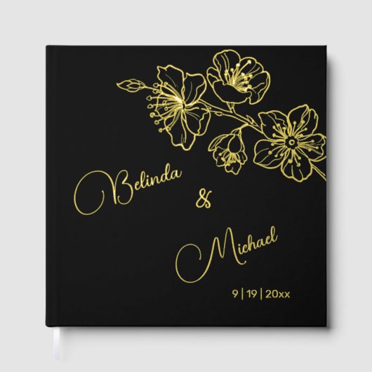 Floral Gold Black Christmas Wedding Gastenboek (Voorkant)