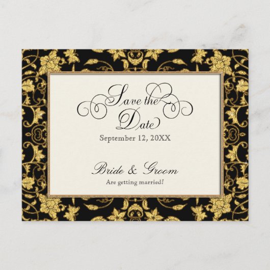 Floral Gold Black Formal Wedding Save the Date Aankondigingskaart (Voorkant)