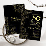 Floral Gold Black Surprise 50th Birthday Party Kaart<br><div class="desc">Floral Gold Black Surprise - 50e verjaardag van de uitnodiging van de Birthday Party. Minimalistisch modern design met botanische accenten en lettertype typografie. Eenvoudige bloemige uitnodigingskaart perfect voor een stijlvol vrouw verrassingsfeest. Kan op elke leeftijd worden aangepast.</div>