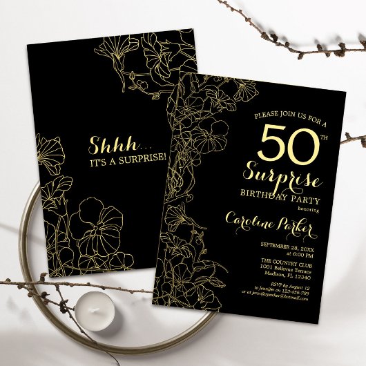 Floral Gold Black Surprise 50th Birthday Party Kaart