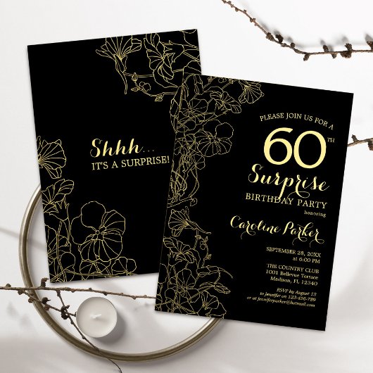 Floral Gold Black Surprise 60e verjaardag Kaart