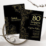 Floral Gold Black Surprise 80th Birthday Party Kaart<br><div class="desc">Floral Gold Black Surprise 80th Birthday Party Invitation. Minimalistisch modern design met botanische accenten en lettertype typografie. Eenvoudige bloemige uitnodigingskaart perfect voor een stijlvol vrouw verrassingsfeest. Kan op elke leeftijd worden aangepast.</div>