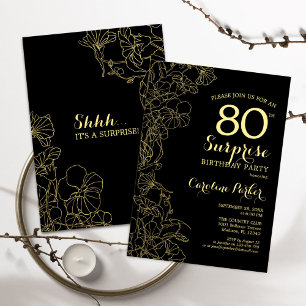 Floral Gold Black Surprise 80th Birthday Party Kaart
