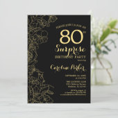 Floral Gold Black Surprise 80th Birthday Party Kaart (Staand voorkant)
