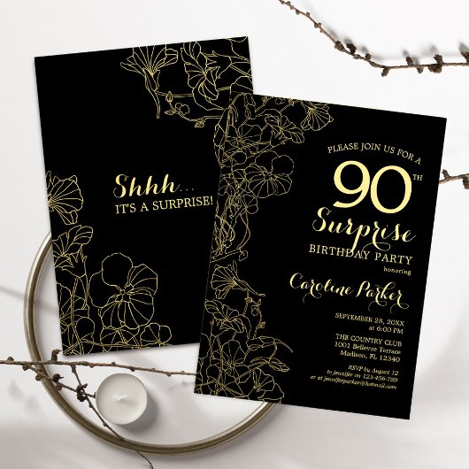 Floral Gold Black Surprise 90th Birthday Party Kaart