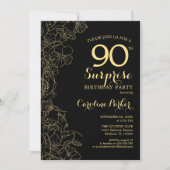 Floral Gold Black Surprise 90th Birthday Party Kaart (Voorkant)