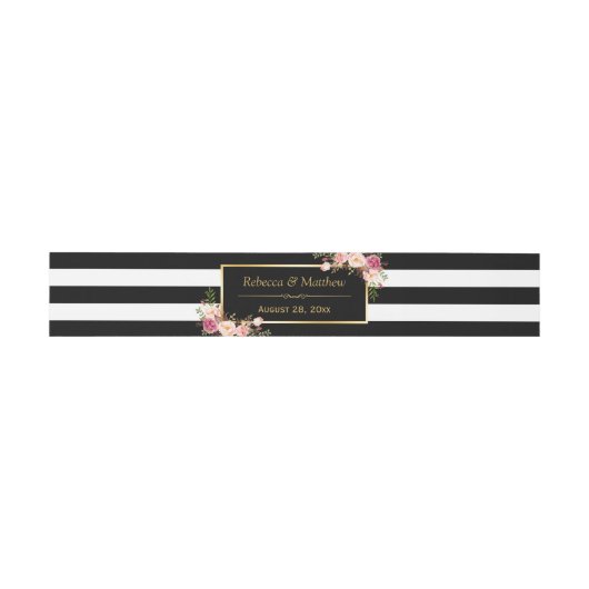  Floral Gold Black White Stripes Wedding Uitnodigingen Wikkel (Vlak)