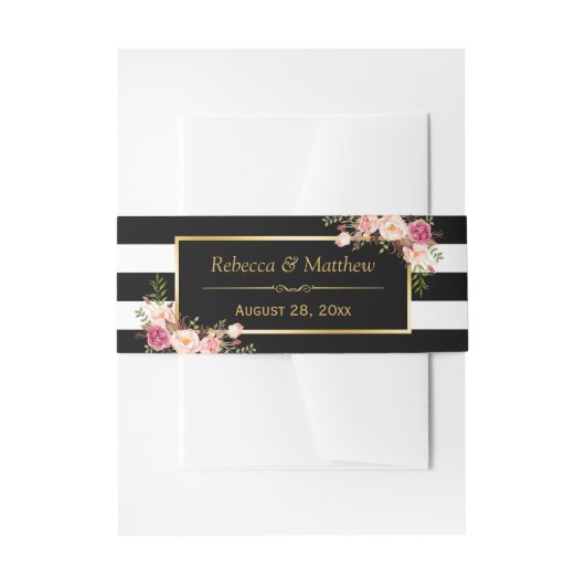  Floral Gold Black White Stripes Wedding Uitnodigingen Wikkel (Voorkant Voorbeeld)