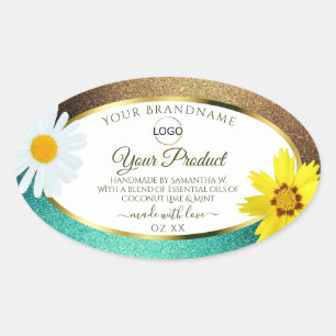 Floral Gold Blauwgroen Glitter White Product Label