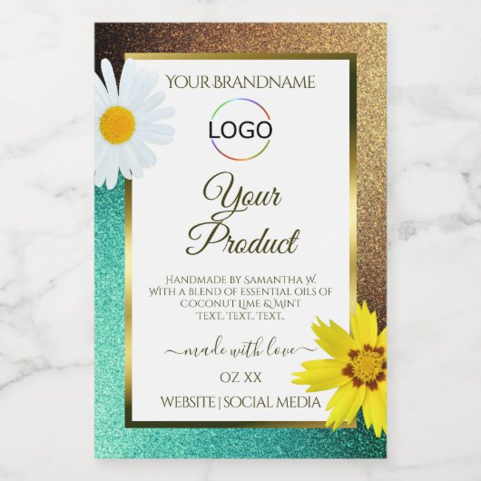 Floral Gold Blauwgroen Glitter White Product Label Voedselcontainer Etiket (Enkel label)