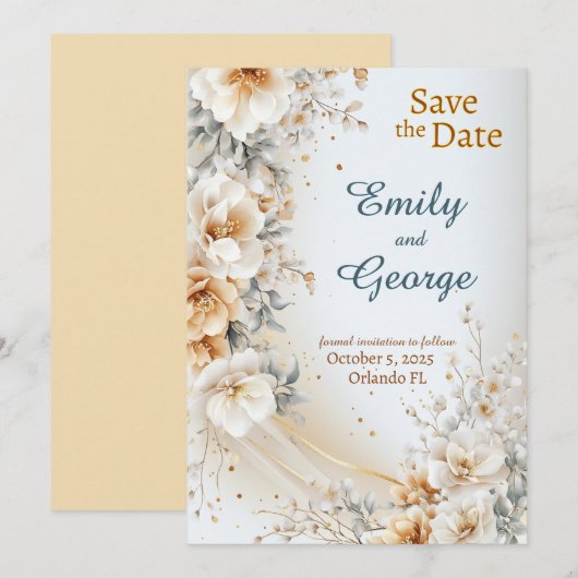 Floral Gold Bliss Save the Date Wedding Invitation Kaart (Voorkant / Achterkant)
