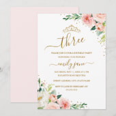 Floral Gold Blush Girl 3rd Birthday Party Kaart (Voorkant / Achterkant)