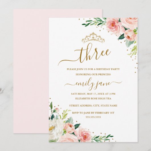 Floral Gold Blush Girl 3rd Birthday Party Kaart (Voorkant / Achterkant)