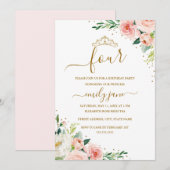 Floral Gold Blush Girl 4e verjaardagsfeestje Kaart (Voorkant / Achterkant)