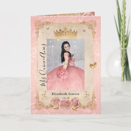 Floral Gold Blush Pink Quinceañera Foto gevouwen (Voorkant)