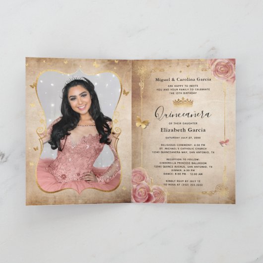 Floral Gold Blush Pink Quinceañera Foto gevouwen (Binnen)