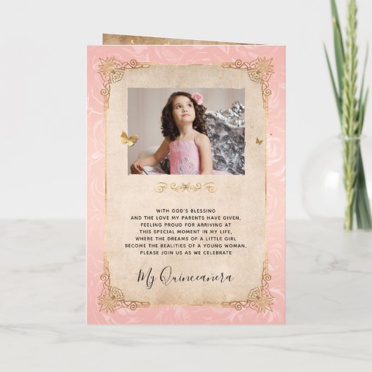 Floral Gold Blush Pink Quinceañera Foto gevouwen (Achterkant)