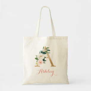 Floral Gold Blush Specialized Letter "A"-Canvas ta Tote Bag