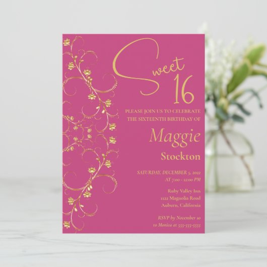 Floral Gold Border Sweet 16 Uitnodiging (Staand voorkant)