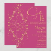 Floral Gold Border Sweet 16 Uitnodiging (Voorkant / Achterkant)