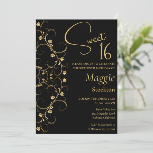 Floral Gold Border Sweet 16 Uitnodiging (Staand voorkant)