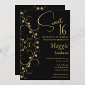 Floral Gold Border Sweet 16 Uitnodiging (Voorkant / Achterkant)