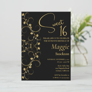 Floral Gold Border Sweet 16 Uitnodiging