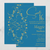 Floral Gold Border Sweet 16 Uitnodiging (Voorkant / Achterkant)