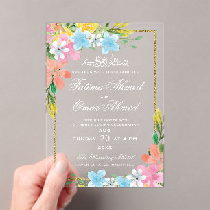 Floral Gold Border White Islamic Muslim Wedding Acryl Uitnodigingen