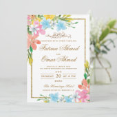 Floral Gold Border White Islamic Muslim Wedding Kaart (Staand voorkant)