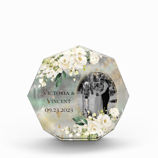 Floral Gold Botanical Cream Photo Names Wedding Fotoblokken (Voorkant)