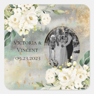 Floral Gold Botanical Cream Photo Names Wedding Vierkante Sticker