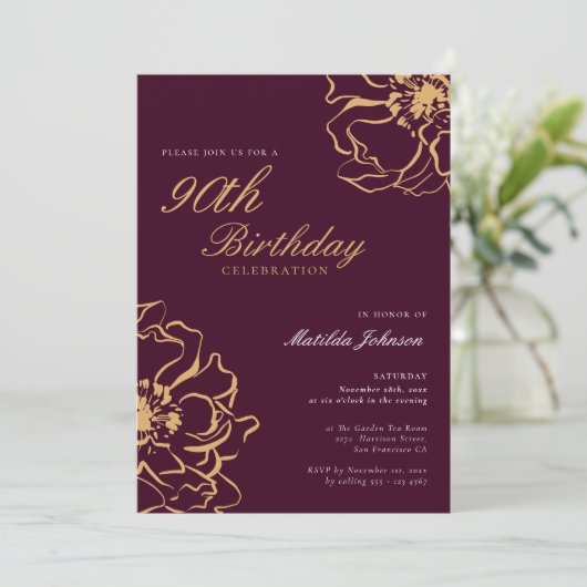 Floral Gold Bourgogne 90e verjaardag Kaart (Staand voorkant)
