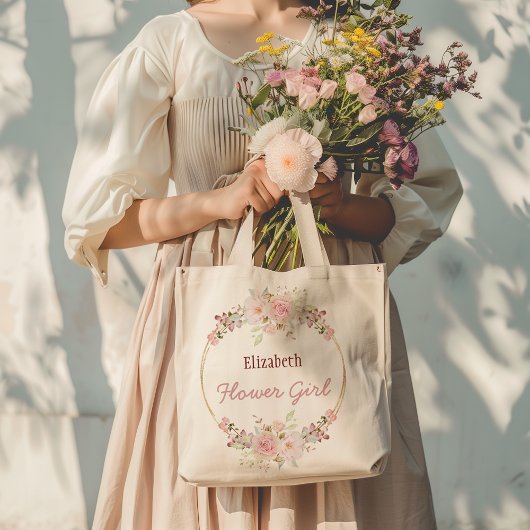 Floral Gold Bourgogne Roos Bloemenmeisje met naam Tote Bag