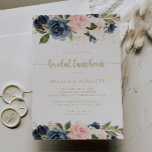 Floral Gold Bridal Luncheon Vrijgezellenfeest Kaart<br><div class="desc">Deze bloemengouden bruids luncheon bruids douche uitnodiging is perfect voor een rustieke bruiloft douche. Het ontwerp is voorzien van prachtige handgeschilderde donkerblauw,  blauw,  marine,  roze,  blos,  gouden bloemen en groen blad.</div>