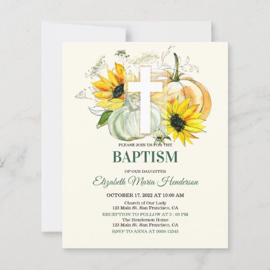 Floral & Gold/BUDGET- Baptism Invitation.  (Voorkant)