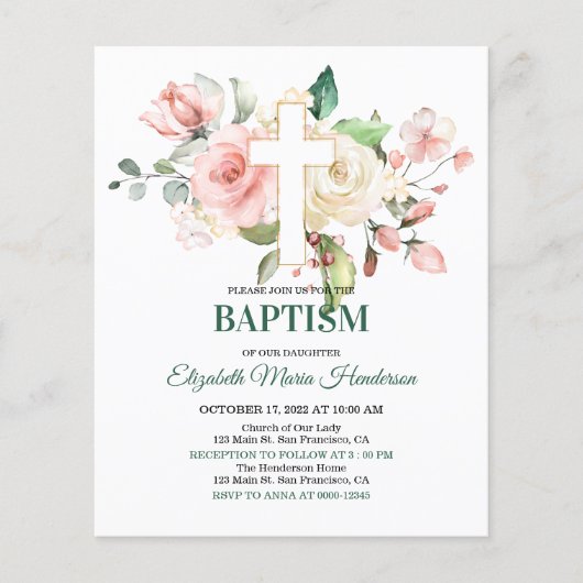 Floral & Gold/BUDGET - Girl Baptism Invitation. Vl Flyer (Voorkant)