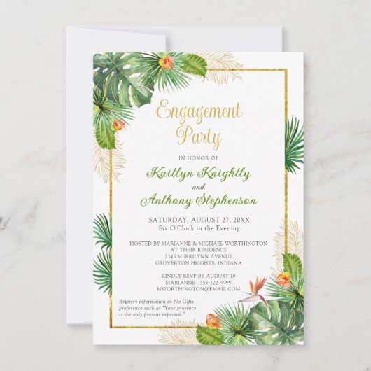 Floral Gold Budget Tropical Engagement Party Kaart (Voorkant)