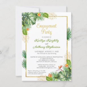 Floral Gold Budget Tropical Engagement Party Kaart