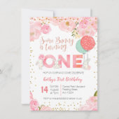 Floral Gold Bunny 1e Verjaardag Bloemen Uitnodigin Kaart (Voorkant)