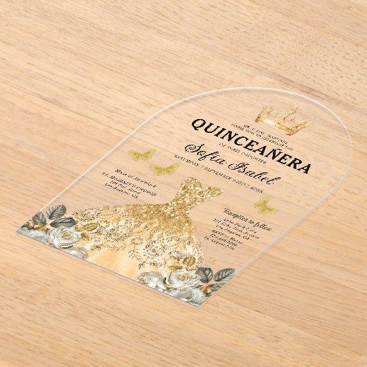 Floral Gold Butterfly Princess Quinceanera Acryl Uitnodigingen (Laagn)