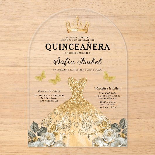 Floral Gold Butterfly Princess Quinceanera Acryl Uitnodigingen (Voorkant)