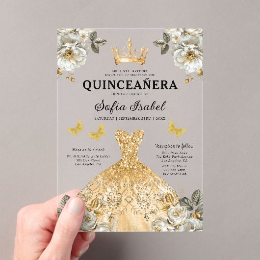 Floral Gold Butterfly Princess Quinceanera Acryl Uitnodigingen (Insitu (Draagbaar))