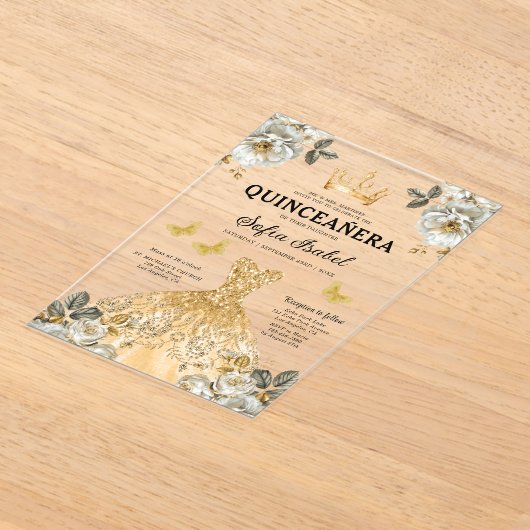 Floral Gold Butterfly Princess Quinceanera Acryl Uitnodigingen (Laagn)